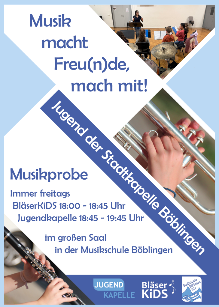 Flyer der Jugend der Stadtkapelle Böblingen mit Fotos musizierender Kinder und dem Motto: Musik macht Freu(n)de, mach mit!