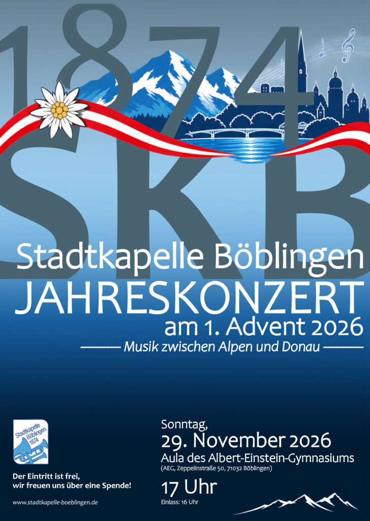 Jahreskonzert der Stadtkapelle Böblingen am Sonntag, 29. November 2026 um 17 Uhr in der Aula des Albert-Einstein-Gymnasiums. Eintritt frei