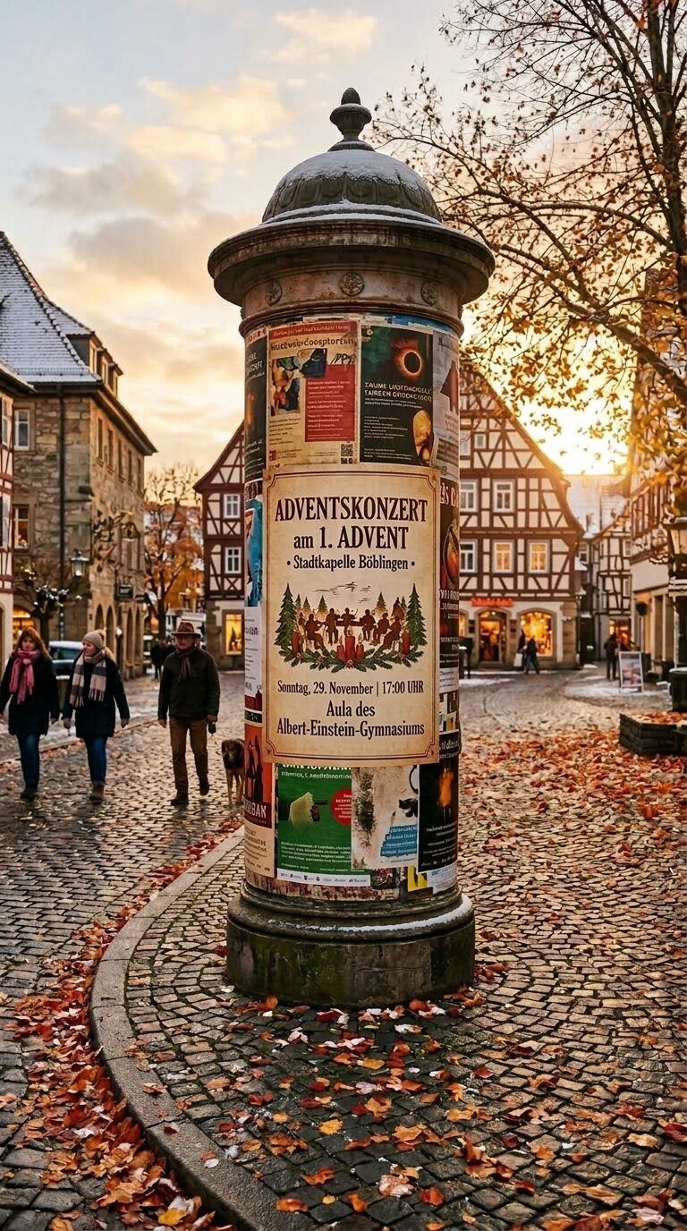 Litfaßsäule in einer Altstadt mit Plakat für ein Adventskonzert der Stadtkapelle Böblingen am 29. November